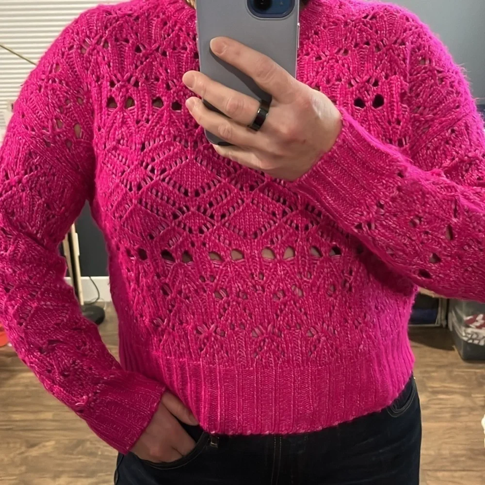 Express Hot Pink Open Knit Crew Sweater